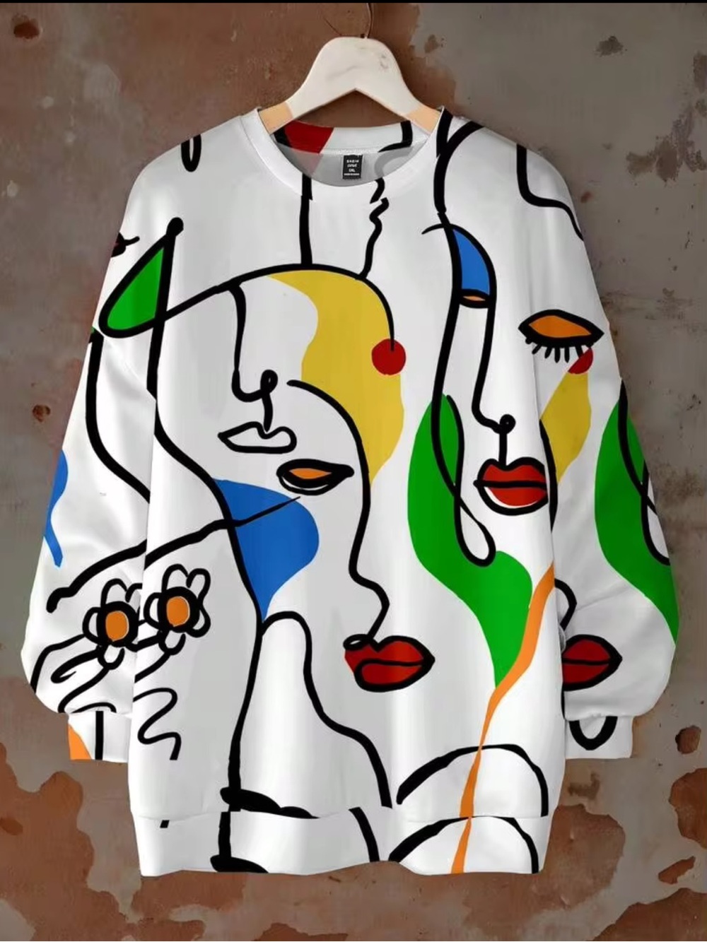 SHEIN White Sweatshirt with Multicolor Abstract Face Print